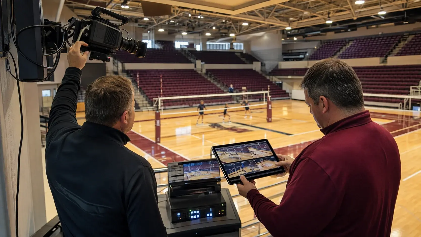Athletic staff evaluating a sports replay system and camera setup.